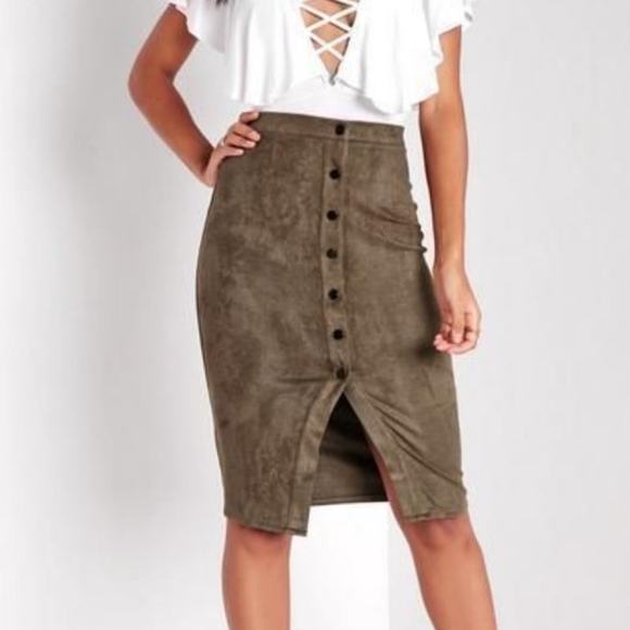 Missguided Dresses & Skirts - Missguided Olive Suede Button-Front Pencil Skirt
